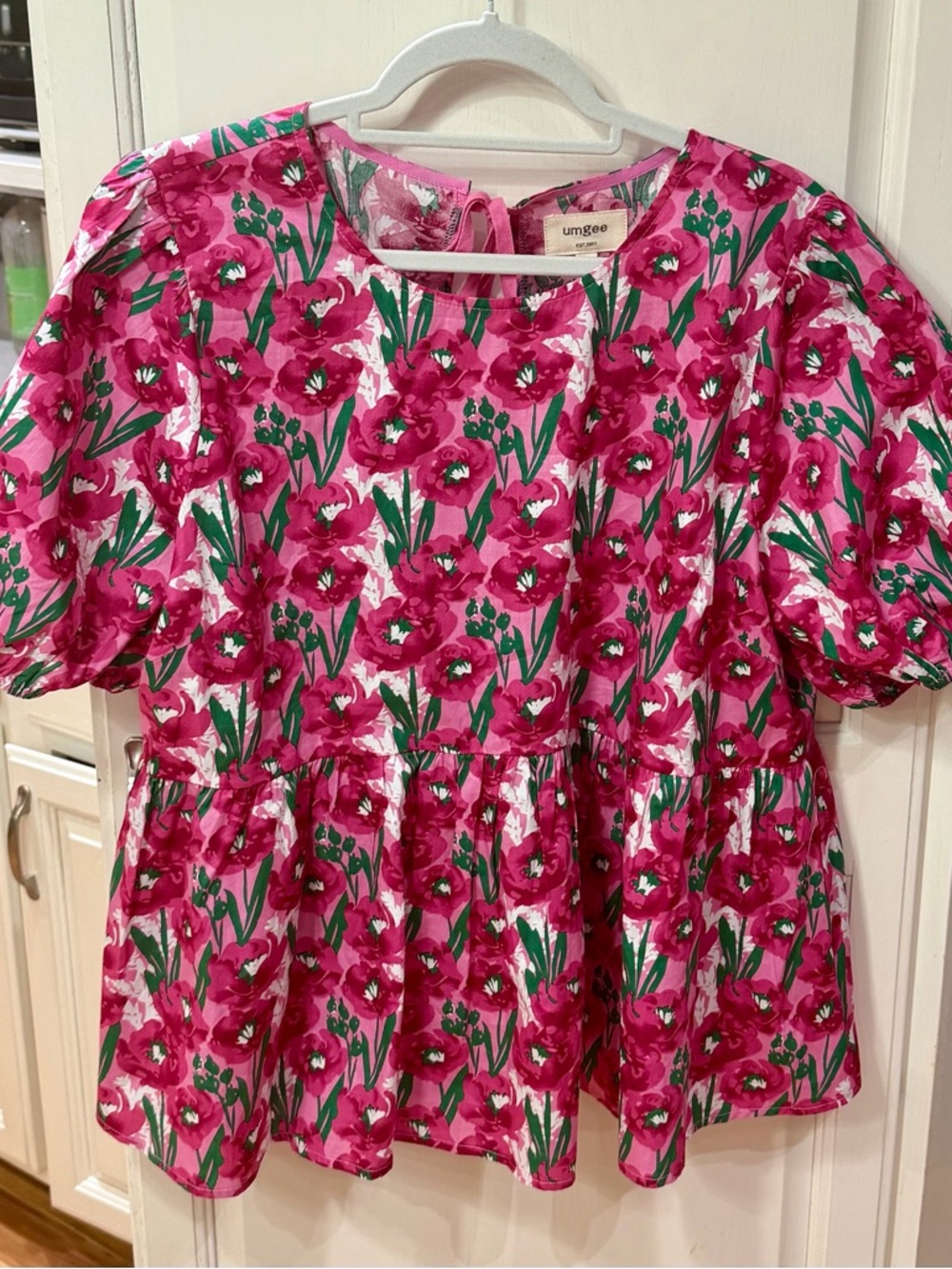 Umgee Pink Floral Puff-Sleeve Peplum Blouse